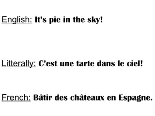 English: It’s pie in the sky!
Litterally: C’est une tarte dans le ciel!
French: Bâtir des châteaux en Espagne.
 