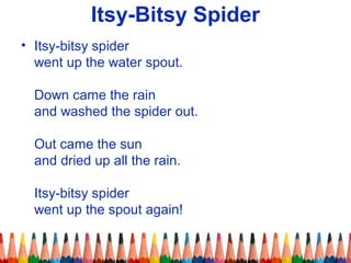 Itsy-Bitsy Spider
• Itsy-bitsy spider
went up the water spout.
Down came the rain
and washed the spider out.
Out came the sun
and dried up all the rain.
Itsy-bitsy spider
went up the spout again!
 