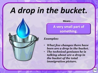 A very small part of
something.
A drop in the bucket.
Means …
14
Examples:
• What few changes there have
been are a drop in the bucket.
• The technical geniuses he is
talking about are a drop in
the bucket of the total
immigration picture.
14
 