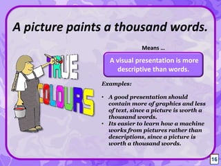 A visual presentation is more
descriptive than words.
A picture paints a thousand words.
Means …
16
Examples:
• A good presentation should
contain more of graphics and less
of text, since a picture is worth a
thousand words.
• Its easier to learn how a machine
works from pictures rather than
descriptions, since a picture is
worth a thousand words.
16
 