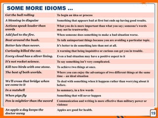 Jens Martensson
Get the ball rolling To begin an idea or process
A blessing in disguise Something that appears bad at first but ends up having good results.
Actions speak louder than
words
What you do is more important than what you say; someone’s words
may not be trustworthy.
Add fuel to the fire. When someone does something to make a bad situation worse.
Beat around the bush. To talk unimportant things because you are avoiding a particular topic.
Better late than never. It’s better to do something late than not at all.
Curiosity killed the cat. A warning that being inquisitive or curious can get you in trouble.
Every cloud has a silver lining. Even a bad situation may have a positive aspect to it
It’s not rocket science. To say something isn’t very complicated.
Kill two birds with one stone. To achieve two things at once.
The best of both worlds. Where you can enjoy the advantages of two different things at the same
time – an ideal situation
We’ll cross that bridge when
we come to it
To deal with something when it happens rather than worrying about it
before.
In a nutshell In summary, in a few words
When pigs fly Something that will never happen
Pen is mightier than the sword Communication and writing is more effective than military power or
violence
An apple a day keeps the
doctor away
Apples are good for health.
19
SOME MORE IDIOMS …
 