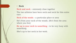 • Neck
Neck and neck – extremely close together
The two athletes have been neck and neck for this entire
race.
Neck of the words – a particular place or area
He’s from your neck of the woods. (He’s from the area
where you live)
Be up to your neck in something – to be very busy with
something
She’s up to her neck in her work.
 