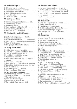 73. Relationships 2 79. Success and Failure
1. He's head over . . . . in love. L H e l l m o v e heaven and . . . . to get it.
2. I'm afraid their marriage is on the 2. You've got to set your . . . . on something.
3. They've gone their separate 3 s h e l l s t o p at . . . . to get what she wants.
4. We've finally decided to tie the 4 s h e . s s e t her . . . . on becoming a dancer.
5. I . . . . his guts. 5 T h e s k y ' s the
6. I think he's got it . . . . for me. 6 He>s f o r s u c c e S s .
74. Safety and Risks __ _ .. .....
3
80. Suitability
1. Get two extra - just to be the . . . . side. , . . , ... . ,
„ . . , . , . J
,. . 1. I feel like a square peg m a round
2. You re skating on thin „ Ti, , ,, r
„ _, .... ° ,, 2. Its not really my cup of
3. Stop sitting on the „ T , .. ... , r
. „, . 1 1 - u- -i i_-i 3. I felt like a . . . . out ol water.
4. Three o clock is cutting it a bit „ _ . , , . . . , , ,.
_ _, „ , , ,, . 4. Social work suits her down to the
5. Go on. Youve got nothing to _ „, . . ... . . . .
„ TT. . , . &
, ° 5. This novel will be right up your
6. His 10b is as . . . . as houses. „ T, , r •
_ J
_ 6.1m just not cut . . . . for university.
75. Similarities and Differences _, 0
81. Surprises
1. You'll stick out like a . . . . thumb. ,
2. They're like chalk and ' _, , ',' . . . x ,,
n T,, . c , , „ ,,, ,, 2. There s more to him than meets the
3. Its six of one and hall a . . . . ol the other. „ _ , . , „
. „, , , . , , , . ,, 3. The news knocked me lor
4. There s a . . . . ol difference between them. „ T, ...
_ TT_ , , - , . , , 4. Ive got something up my
5. Were all in the same ^ _, b
. , , , , J
, ...
„ TT , . , „ . , . c ,, , 5. She arrived completely out ol the
6. He s going to follow in his father s „ T, , . f . . ,
0 0
6. It took me completely by
76. Sleep and Dreams on _,.
r
82. Time
1. I didn't sleep a . . . . last night. , T, ... , T,, . (J r
OT v, j .i_ r f r -,. 1. It will happen. Its only a matter ol
2. I crashed . . . . on the sofa before dinner. „ T , . , , r
.. J
,,.
_ T .. , T , , ... 2. I decided on the . . . . of the moment.
3. I was so tired I went out like a „ _ ,A . ,. . , ,, , .
. T , , ,, c. . . 3. Dont leave everything to the last
4. I wouldnt . . . . oi lying to you. „ TT , „ . , i ,, ,. r .
r », . i. • i. i-i 4. He talks about football for hours on
5. My interview went like a _ _, ... ,.
„ „ ,, „ ,, . ., 5. There s no . . . . like the present.
6. Dont worry. Dont lose any . . . . over it. „ ,,. „, „ ,
J J
6. You 11 find out sooner or
17
• S
P e e d
83. Work 1
1. No sooner . . . . than done. , ., , . .
n „T „. , , ,, , . ,. „ 1. Im . . . . to my eyes in work.
2. We 11 have to . . . . the brakes on spending. „ „T , a- c • • j
0 „ , . , .. ,, . ,, v &
2. Weve been . . . . off our feet today.
3. You re late. Youd better get your . . . . on. „ T „, _ . , r,
A Ti.n t, J • 3. I can fit you . . . . on Friday afternoon.
4. It 11 be ready in no . -.. , r- *. , ,
_ „, , .. ,„ 4. Mark never . . . . a finger to help.
5. The news spread . . . . wildfire. _ „ , , , ,. r
„ ™ , T „ . 5. Ive got a lot on my . . . . at the moment.
6. There s no hurry. Take your „ T, ? ,, J
. . .
6. Ive been on the . . . . all day.
78. Starting and Stopping g4 W o r k 2
1. I've had enough. Let's . . . . it a day. , _ . , , . ,,
„ »,, , . . ° , ., 1. There s a maior new product in the
2. Its back to square Im afraid. „ TT , J
, r
,
3 The end is in 2
' H e w e n t m y h e a d
'
, „ T., ' ' ' ,' , 3. It takes a while to really find your
4. Come on. It s time to get „ T . J
- T, , ., , . ., . ,, 4. I need someone to show me the
5. Ive decided to throw m the _ TTT , ^ A . , , rr
„ „, ,,. „ , , ., 5. We need to take . . . . extra stall.
6. The wedding plans are . . . . hold. „ „,. , , , . ,,
° 6. You re always rocking the . . . . . arent you?
184
 