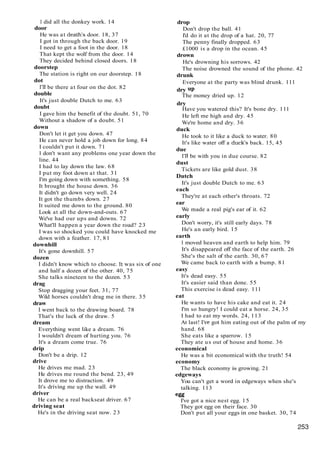 I did all the donkey work. 14
door
He was at death's door. 18, 37
I got in through the back door. 19
I need to get a foot in the door. 18
That kept the wolf from the door. 14
They decided behind closed doors. 18
doorstep
The station is right on our doorstep. 18
dot
I'll be there at four on the dot. 82
double
It's just double Dutch to me. 63
doubt
I gave him the benefit of the doubt. 51, 70
Without a shadow of a doubt. 51
down
Don't let it get you down. 47
He can never hold a job down for long. 84
I couldn't put it down. 71
1 don't want any problems one year down the
line. 44
I had to lay down the law. 68
I put my foot down at that. 31
I'm going down with something. 58
It brought the house down. 36
It didn't go down very well. 24
It got the thumbs down. 27
It suited me down to the ground. 80
Look at all the down-and-outs. 67
We've had our ups and downs. 72
What'll happen a year down the road? 23
I was so shocked you could have knocked me
down with a feather. 17, 81
downhill
It's gone downhill. 57
dozen
I didn't know which to choose. It was six of one
and half a dozen of the other. 40, 75
She talks nineteen to the dozen. 53
drag
Stop dragging your feet. 31, 77
Wild horses couldn't drag me in there. 35
draw
I went back to the drawing board. 78
That's the luck of the draw. 5
dream
Everything went like a dream. 76
I wouldn't dream of hurting you. 76
It's a dream come true. 76
drip
Don't be a drip. 12
drive
He drives me mad. 23
He drives me round the bend. 23, 49
It drove me to distraction. 49
It's driving me up the wall. 49
driver
He can be a real backseat driver. 67
driving seat
He's in the driving seat now. 23
drop
Don't drop the ball. 41
I'd do it at the drop of a hat. 20, 77
The penny finally dropped. 63
£1000 is a drop in the ocean. 45
drown
He's drowning his sorrows. 42
The noise drowned the sound of the phone. 42
drunk
Everyone at the party was blind drunk. 111
dry up
The money dried up. 12
dry
Have you watered this? It's bone dry. 111
He left me high and dry. 45
We're home and dry. 36
duck
He took to it like a duck to water. 80
It's like water off a duck's back. 15, 45
due
I'll be with you in due course. 82
dust
Tickets are like gold dust. 38
Dutch
It's just double Dutch to me. 63
each
They're at each other's throats. 72
ear
We made a real pig's ear of it. 62
early
Don't worry, it's still early days. 78
He's an early bird. 15
earth
I moved heaven and earth to help him. 79
It's disappeared off the face of the earth. 26
She's the salt of the earth. 30, 67
We came back to earth with a bump. 81
easy
It's dead easy. 55
It's easier said than done. 55
This exercise is dead easy. 111
eat
He wants to have his cake and eat it. 24
I'm so hungry! I could eat a horse. 24, 35
I had to eat my words. 24, 113
At last! Itie got him eating out of the palm of my
hand. 68
She eats like a sparrow. 15
They ate us out of house and home. 36
economical
He was a bit economical with the truth! 54
economy
The black economy is growing. 21
edgeways
You can't get a word in edgeways when she's
talking. 113
egg
I've got a nice nest egg. 15
They got egg on their face. 30
Don't put all your eggs in one basket. 30, 74
 