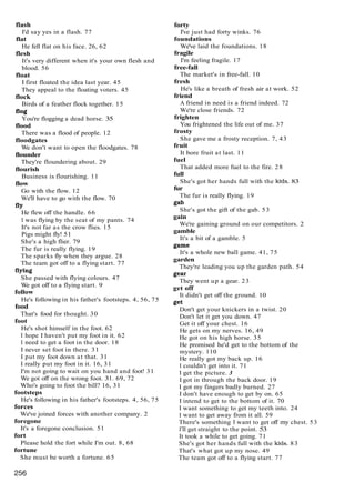 flash
I'd say yes in a flash. 77
flat
He fell flat on his face. 26, 62
flesh
It's very different when it's your own flesh and
blood. 56
float
I first floated the idea last year. 45
They appeal to the floating voters. 45
flock
Birds of a feather flock together. 15
flog
You're flogging a dead horse. 35
flood
There was a flood of people. 12
floodgates
We don't want to open the floodgates. 78
flounder
They're floundering about. 29
flourish
Business is flourishing. 11
flow
Go with the flow. 12
We'll have to go with the flow. 70
fly
He flew off the handle. 66
I was flying by the seat of my pants. 74
It's not far as the crow flies. 15
Pigs might fly! 51
She's a high flier. 79
The fur is really flying. 19
The sparks fly when they argue. 28
The team got off to a flying start. 77
flying
She passed with flying colours. 47
We got off to a flying start. 9
follow
He's following in his father's footsteps. 4, 56, 75
food
That's food for thought. 30
foot
He's shot himself in the foot. 62
1hope I haven't put my foot in it. 62
I need to get a foot in the door. 18
I never set foot in there. 31
I put my foot down at that. 31
I really put my foot in it. 16, 31
I'm not going to wait on you hand and foot! 31
We got off on the wrong foot. 31. 69, 72
Who's going to foot the bill? 16, 31
footsteps
He's following in his father's footsteps. 4, 56, 75
forces
We've joined forces with another company. 2
foregone
It's a foregone conclusion. 51
fort
Please hold the fort while I'm out. 8, 68
fortune
She must be worth a fortune. 65
forty
I've just had forty winks. 76
foundations
We've laid the foundations. 18
fragile
I'm feeling fragile. 17
free-fall
The market's in free-fall. 10
fresh
He's like a breath of fresh air at work. 52
friend
A friend in need is a friend indeed. 72
We're close friends. 72
frighten
You frightened the life out of me. 37
frosty
She gave me a frosty reception. 7, 43
fruit
It bore fruit at last. 11
fuel
That added more fuel to the fire. 28
full
She's got her hands full with the kids. 83
fur
The fur is really flying. 19
gab
She's got the gift of the gab. 53
gain
We're gaining ground on our competitors. 2
gamble
It's a bit of a gamble. 5
game
It's a whole new ball game. 41, 75
garden
They're leading you up the garden path. 54
gear
They went up a gear. 23
get off
It didn't get off the ground. 10
get
Don't get your knickers in a twist. 20
Don't let it get you down. 47
Get it off your chest. 16
He gets on my nerves. 16, 49
He got on his high horse. 35
He promised he'd get to the bottom of the
mystery. 110
He really got my back up. 16
I couldn't get into it. 71
I get the picture. 3
I got in through the back door. 19
I got my fingers badly burned. 27
I don't have enough to get by on. 65
I intend to get to the bottom of it. 70
I want something to get my teeth into. 24
I want to get away from it all. 59
There's something I want to get off my chest. 53
I'll get straight to the point. 53
It took a while to get going. 71
She's got her hands full with the kids. 83
That's what got up my nose. 49
The team got off to a flying start. 77
 
