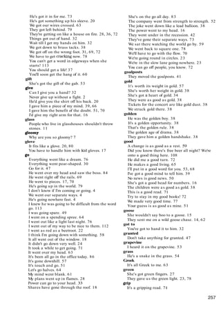 He's got it in for me. 73
He's got something up his sleeve. 20
We got our wires crossed. 63
They got left behind. 79
They're getting on like a house on fire. 28, 36, 72
Things got out of hand. 32
Wait till I get my hands on him. 32
We got down to brass tacks. 38
We got off on the wrong foot. 31, 69, 72
We have to get cracking now. 78
You can't get a word in edgeways when she
starts! 113
You should get a life! 37
You'll soon get the hang of it. 60
gift
She's got the gift of the gab. 53
give
Can I give you a hand? 32
Never give up without a fight. 2
He'd give you the shirt off his back. 20
I gave him a piece of my mind. 39, 66
I gave him the benefit of the doubt. 51, 70
I'd give my right arm for that. 16
glass
People who live in glasshouses shouldn't throw
stones. 11
gloomy
Why are you so gloomy? 7
glove
It fits like a glove. 20, 80
You have to handle him with kid gloves. 17
go
Everything went like a dream. 76
Everything went pear-shaped. 30
Go for it. 47
He went over my head and saw the boss. 84
He went right off the rails. 69
He went to pieces. 17, 70
He's going up in the world. 79
I don't know if I'm coming or going. 4
We went our separate ways. 4
He's going nowhere fast. 4
I knew he was going to be difficult from the word
go. 113
I was going spare. 49
I went on a spending spree. 64
I went out like a light last night. 76
I went out of my way to be nice to them. 112
I went as red as a beetroot. 22
I think I'm going down with something. 58
It all went out of the window. 18
It didn't go down very well. 24
It took a while to get going. 71
It went over my head. 63
It's been all go in the office today. 86
It's gone downhill. 57
It's touch and go. 51
Let's go halves. 64
My mind went blank. 61
My plans went up in flames. 28
Power can go to your head. 33
Shares have gone through the roof. 18
She's on the go all day. 83
The company went from strength to strength. 52
The joke went down like a lead balloon. 38
The power went to my head. 16
They went under in the recession. 42
They've gone their separate ways. 73
We sat there watching the world go by. 59
We went back to square one. 78
We'll have to go with the flow. 70
We're going round in circles. 23
We're in the slow lane going nowhere. 23
You can go off people, you know. 72
goalposts
They moved the goalposts. 41
gold
It's worth its weight in gold. 57
She's worth her weight in gold. 38
She's got a heart of gold. 34
They were as good as gold. 38
Tickets for the concert are like gold dust. 38
We struck gold there. 38
golden
He was the golden boy. 38
It's a golden opportunity. 38
That's the golden rule. 38
The golden age of drama. 38
They gave him a golden handshake. 38
good
A change is as good as a rest. 59
Did you know there's free beer all night? We're
onto a good thing here. 108
He did me a good turn. 72
He makes a good living. 65
I'll put in a good word for you. 53, 68
I've got a good mind to tell him. 39
No news is good news. 50
She's got a good head for numbers. 16
The children were as good as gold. 38
This is a good read. 71
Try to stay in my good books! 72
We made very good time. 77
Your guess is as good as mine. 51
goose
She wouldn't say boo to a goose. 15
They sent me on a wild goose chase. 14, 62
got to
You've got to hand it to him. 32
granted
Don't take anything for granted. 47
grapevine
I heard it on the grapevine. 53
grass
He's a snake in the grass. 54
Greek
It's all Greek to me. 63
green
She's got green fingers. 27
They gave us the green light. 23, 78
grip
It's a gripping read. 71
 