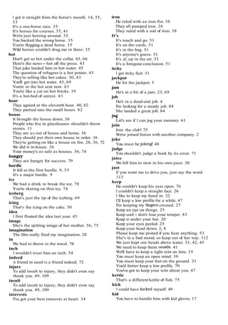 I got it straight from the horse's mouth. 14, 35,
53
It's a one-horse race. 35
It's horses for courses. 35, 41
We're just horsing around. 35
You backed the wrong horse. 35
You're flogging a dead horse. 35
Wild horses couldn't drag me in there. 35
hot
Don't get so hot under the collar. 43, 66
Here's the news - hot off the press. 43
That joke landed him in hot water. 45
The question of refugees is a hot potato. 43
They're selling like hot cakes. 30, 43
You'll get into hot water. 43, 69
You're in the hot seat now. 43
You're like a cat on hot bricks. 19
It's a hot-bed of unrest. 43
hour
They agreed at the eleventh hour. 40, 82
They partied into the small hours. 82
house
It brought the house down. 36
People who live in glasshouses shouldn't throw
stones. 11
They ate us out of house and home. 36
They should put their own house in order. 36
They're getting on like a house on fire. 28, 36, 72
W
e did it in-house. 36
Your money's as safe as houses. 36, 74
hungry
They are hungry for success. 79
hurdle
It fell at the first hurdle. 9, 35
It's a major hurdle. 9
ice
W
e had a drink to break the ice. 78
You're skating on thin ice. 74
iceberg
That's just the tip of the iceberg. 69
icing
That's the icing on the cake. 30
idea
I first floated the idea last year. 45
image
She's the spitting image of her mother. 56, 75
imagination
The film really fired my imagination. 28
in
We had to throw in the towel. 78
inch
I wouldn't trust him an inch. 54
indeed
A friend in need is a friend indeed. 72
injury
To add insult to injury, they didn't even say
thank you. 49, 109
insult
To add insult to injury, they didn't even say
thank you. 49, 109
interests
I've got your best interests at heart. 34
iron
He ruled with an iron fist. 38
They all pumped iron. 38
They ruled with a rod of iron. 38
It's
It's touch and go. 51
It's on the cards. 51
It's in the bag. 51
It's anyone's guess. 51
It's a
l
l up in the air. 5 1
It's a foregone conclusion. 51
itchy
I get itchy feet. 31
jackpot
He hit the jackpot. 5
jam
He's in a bit of a jam. 23, 69
job
He's in a dead-end job. 4
I'm looking for a steady job. 84
She landed a great job. 84
jog
Let's see if I can jog your memory. 61
join
Join the club! 75
We've joined forces with another company. 2
joke
You must be joking! 48
judge
You shouldn't judge a book by its cover. 71
juice
W
e left him to stew in his own juice. 30
just
If you want me to drive you, just say the word.
113
keep
He couldn't keep his eyes open. 76
I couldn't keep a straight face. 26
I like to keep my hand in. 32
I'll keep a low profile for a while. 47
I'm keeping my fmgers crossed. 27
Keep an eye on things. 25
Keep cool - don't lose your temper. 43
Keep it under your hat. 20
Keep your eyes peeled. 25
Keep your head down. 2, 8
Please keep me posted if you hear anything. 53
She's in a bad mood, so keep out of her way. 112
W
e just kept our heads above water. 33, 42, 45
W
e need to keep them onside. 41
We'll have to keep a tight rein on him. 35
You must keep an open mind. 39
You must keep your feet on the ground. 31
You'd better keep a low profile. 70
You've got to keep your wits about you. 47
kettle
That's a different kettle of fish. 75
kick
I could have kicked myself. 49
kid
You have to handle him with kid gloves. 17
 