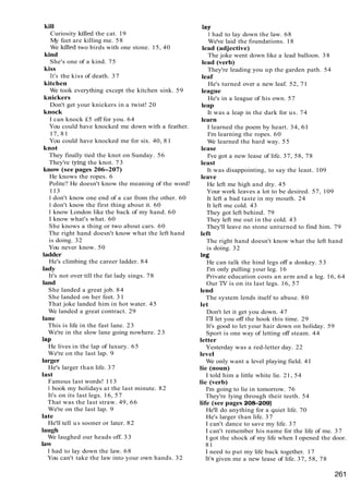 kill
Curiosity killed the cat. 19
My feet are killing me. 58
We killed two birds with one stone. 15, 40
kind
She's one of a kind. 75
kiss
It's the kiss of death. 37
kitchen
We took everything except the kitchen sink. 59
knickers
Don't get your knickers in a twist! 20
knock
I can knock £5 off for you. 64
You could have knocked me down with a feather.
17, 81
You could have knocked me for six. 40, 81
knot
They finally tied the knot on Sunday. 56
They're tymg the knot. 73
know (see pages 206-207)
He knows the ropes. 6
Polite? He doesn't know the meaning of the word!
113
I don't know one end of a car from the other. 60
I don't know the first thing about it. 60
I know London like the back of my hand. 60
I know what's what. 60
She knows a thing or two about cars. 60
The right hand doesn't know what the left hand
is doing. 32
You never know. 50
ladder
He's climbing the career ladder. 84
lady
It's not over till the fat lady sings. 78
land
She landed a great job. 84
She landed on her feet. 31
That joke landed him in hot water. 45
We landed a great contract. 29
lane
This is life in the fast lane. 23
We're in the slow lane going nowhere. 23
lap
He lives in the lap of luxury. 65
We're on the last lap. 9
larger
He's larger than life. 37
last
Famous last words! 113
I book my holidays at the last minute. 82
It's on its last legs. 16, 57
That was the last straw. 49, 66
We're on the last lap. 9
late
He'll tell us sooner or later. 82
laugh
We laughed our heads off. 33
law
1 had to lay down the law. 68
You can't take the law into your own hands. 32
lay
I had to lay down the law. 68
We've laid the foundations. 18
lead (adjective)
The joke went down like a lead balloon. 38
lead (verb)
They're leading you up the garden path. 54
leaf
He's turned over a new leaf. 52, 71
league
He's in a league of his own. 57
leap
It was a leap in the dark for us. 74
learn
I learned the poem by heart. 34, 61
I'm learning the ropes. 60
We learned the hard way. 55
lease
I've got a new lease of life. 37, 58, 78
least
It was disappointing, to say the least. 109
leave
He left me high and dry. 45
Your work leaves a lot to be desired. 57, 109
It left a bad taste in my mouth. 24
It left me cold. 43
They got left behind. 79
They left me out in the cold. 43
They'll leave no stone unturned to find him. 79
left
The right hand doesn't know what the left hand
is doing. 32
leg
He can talk the hind legs off a donkey. 53
I'm only pulling your leg. 16
Private education costs an arm and a leg. 16, 64
Our TV is on its last legs. 16, 57
lend
The system lends itself to abuse. 80
let
Don't let it get you down. 47
1
'
1
1let you off the hook this time. 29
It's good to let your hair down on holiday. 59
Sport is one way of letting off steam. 44
letter
Yesterday was a red-letter day. 22
level
We only want a level playing field. 41
lie (noun)
I told him a little white lie. 21, 54
lie (verb)
I'm going to lie in tomorrow. 76
They're lying through their teeth. 54
life (see pages 208-209)
He'll do anything for a quiet life. 70
He's larger than life. 37
I can't dance to save my life. 37
I can't remember his name for the life of me. 37
I got the shock of my life when I opened the door.
81
I need to put my life back together. 17
It's given me a new lease of life. 37, 58, 78
 