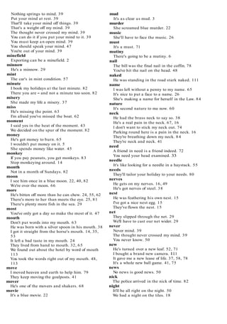 Nothing springs to mind. 39
Put your mind at rest. 39
That'll take your mind off things. 39
That's a weight off my mind. 39
The thought never crossed my mind. 39
You can do it if you put your mind to it. 39
You must keep a n open mind. 39
You should speak your mind. 47
You're out of your mind. 39
minefield
Exporting can be a minefield. 2
minnow
He's a minnow. 29
mint
The car's in mint condition. 57
minute
I book my holidays at the last minute. 82
There you are - and not a minute too soon. 82
misery
She made my life a misery. 37
miss
He's missing the point. 63
I'm afraid you've missed the boat. 62
moment
I said yes in the heat of the moment. 43
We decided on the spur of the moment. 82
money
He's got money to burn. 65
1 wouldn't put money on it. 5
She spends money like water. 45
monkey
If you pay peanuts, you get monkeys. 83
Stop monkeying around. 14
month
Not in a month of Sundays. 82
moon
I see him once in a blue moon. 22, 40, 82
We're over the moon. 66
more
He's bitten off more than he can chew. 24, 55, 62
There's more to her than meets the eye. 25, 81
There's plenty more fish in the sea. 29
most
You've only got a day so make the most of it. 47
mouth
Don't put words into my mouth. 63
He was born with a silver spoon in his mouth. 38
I got it straight from the horse's mouth. 14, 35,
53
It left a bad taste in my mouth. 24
They lived from hand to mouth. 32, 65
We found out about the hotel by word of mouth
113
You took the words right out of my mouth. 48,
113
move
I moved heaven and earth to help him. 79
They keep moving the goalposts. 41
mover
He's one of the movers and shakers. 68
movie
It's a blue movie. 22
mud
It's as clear as mud. 3
murder
She screamed blue murder. 22
music
She'll have to face the music. 26
must
It's a must. 71
mutiny
There's going to be a mutiny. 6
nail
The bill was the final nail in the coffin. 78
You've hit the nail on the head. 48
naked
He was standing in the road stark naked. 111
name
I was left without a penny to my name. 65
It's nice to put a face to a name. 26
She's making a name for herself in the Law. 84
nature
It's second nature to me now. 60
neck
He had the brass neck to say so. 38
He's a real pain in the neck. 67, 16
I don't want to stick my neck out. 74
Parking round here is a pain in the neck. 16
They're breathing down my neck. 84
They're neck and neck. 41
need
A friend in need is a friend indeed. 72
You need your head examined. 33
needle
It's like looking for a needle in a haystack. 55
needs
They'll tailor your holiday to your needs. 80
nerves
He gets on my nerves. 16, 49
He's got nerves of steel. 38
nest
He was feathering his own nest. 15
I've got a nice nest egg. 15
They've flown the nest. 15
net
They slipped through the net. 29
We'll have to cast our net wider. 29
never
Never mind. 39
The thought never crossed my mind. 39
You never know. 50
new
He's turned over a new leaf. 52, 71
I bought a brand new camera. 111
It gave me a new lease of life. 37, 58, 78
It's a whole new ball game. 41, 75
news
No news is good news. 50
nick
The police arrived in the nick of time. 82
night
It'll be all right on the night. 50
We had a night on the tiles. 18
 