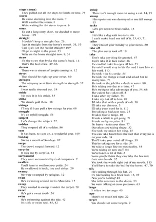 stops (noun)
They pulled out all the stops to finish on time. 79
storm
He came storming into the room. 7
We'll weather the storm. 6
We're waiting for the storm to pass. 6
story
To cut a long story short, we decided to move
house. 109
straight
I couldn't keep a straight face. 26
I got it straight from the horse's mouth. 35, 53
Can I just set the record straight? 109
I'll get straight to the point. 53
We're on the home straight now. 9, 36
straw
It's the straw that broke the camel's back. 14
That's the last straw. 49, 66
stream
There was a stream of people coming in. 12
street
That should be right up your street. 80
strength
The company went from strength to strength. 52
stress
I was really stressed out. 58
stride
He took it in his stride. 55
strike
We struck gold there. 38
strings
I'll see if I can pull a few strings for you. 68
struggle
It's an uphill struggle. 55
subject
Let's change the subject. 52
sudden
They stopped all of a sudden. 86
sum
It has been, to sum up, a wonderful year. 109
Sunday
Not in a month of Sundays. 82
surge
The crowd surged forward. 12
surprise
It took me by surprise. 81
surrounded
They were surrounded by rival companies. 2
swallow
You'll have to swallow your pride. 24
He swallowed it hook, line and sinker. 29
swamp
We were swamped by refugees. 12
swan
He's swanning around in his Mercedes. 15
sweep
They wanted to sweep it under the carpet. 70
sweet
He's got a sweet tooth. 24
swim
He's swimming against the tide. 42
It's sink or swim now. 45, 42
swing
There isn't enough room to swing a cat. 14, 19
swoop
His reputation was destroyed in one fell swoop.
15
tacks
Let's get down to brass tacks. 38
tail
He's like a dog with two tails. 66
I can't make head nor tail of it. 33, 63, 71
tailor
They'll tailor your holiday to your needs. 80
take off
The plan never took off. 10
take
Don't take anything for granted. 47
Don't take it at face value. 26
He couldn't take his eyes off her. 25
He said I could stay in his flat and I took him at
his word. 113
He took it in his stride. 55
He took the plunge at last and asked her to
marry him. 73
He took to the job like a duck to water. 80
He's taking one day at a time. 47
He's trying to take advantage of you. 54, 68
Her career has taken off. 4
I take after my father. 75
I take my hat off to him. 20
I'd take that with a pinch of salt. 30
I'll take my chances. 5
I'll take your word for it. 113
I'm taking a backseat now. 23
It takes two to tango. 40
It took a while to get going. 71
It took me by surprise. 81
No hurry - take your time. 77
Our plans are taking shape. 52
She took me under her wing. 15
You can take heart from the fact that everyone is
on your side. 34
That'll take your mind off things. 39
They're taking you for a ride. 54
We take a tough line on punctuality. 68
We're taking on new staff. 84
We've taken a lot of flak. 2
Some people think they can take the law into
their own hands. 32
You took the words right out of my mouth. 113
You'll have to take the bull by the horns. 47, 70
talk
He's talking through his hat. 20
It's like talking to a brick wall. 18, 49
Now you're talking! 48
She talks nineteen to the dozen. 53
We were talking at cross purposes. 63
tango
It takes two to tango. 40
tape
There's so much red tape. 22
target
You should set some targets. 2
 