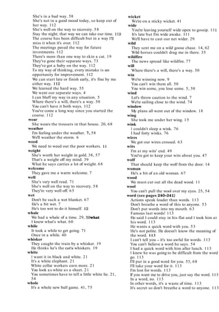 She's in a bad way. 58
She's not in a good mood today, so keep out of
her way. 112
She's well on the way to recovery. 58
Stay the night; that way we can take our time. 112
The course has been difficult but in a way I'll
miss it when it's over. 112
The meetings paved the way for future
investments. 112
There's more than one way to skin a cat. 19
They've gone their separate ways. 73
They've got a baby on the way. 112
To my way of thinking, every mistake is an
opportunity for improvement. 112
We can start late or finish early, it's fine by me
either way. 112
We learned the hard way. 55
We went our separate ways. 4
I can bluff my way in any situation. 5
Where there's a will, there's a way. 50
You can't have it both ways. 112
You've come a long way since you started the
course. 112
wear
She wears the trousers in that house. 20, 68
weather
I'm feeling under the weather. 7, 58
We'll weather the storm. 6
weed
We need to weed out the poor workers. 11
weight
She's worth her weight in gold. 38, 57
That's a weight off my mind. 39
What he says carries a lot of weight. 68
welcome
They gave me a warm welcome. 7
well
She's very well read. 71
She's well on the way to recovery. 58
They're very well off. 65
wet
Don't be such a wet blanket. 67
He's a bit wet. 7
He's too wet to do it himself. 12
whale
We had a whale of a time. 29, 59what
I know what's what. 60
while
It took a while to get going. 71
Once in a while. 40
whisker
They caught the train by a whisker. 19
He thinks he's the cat's whiskers. 19
white
I want it in black and white. 21
It's a white elephant. 21
White collar workers earn more. 21
You look as white as a sheet. 21
You sometimes have to tell a little white lie. 21,
54
whole
It's a whole new ball game. 41, 75
wicket
We're on a sticky wicket. 41
wide
You're leaving yourself wide open to gossip. 111
It's late but I'm wide awake. 111
We'll have to cast our net wider. 29
wild
They sent me on a wild goose chase. 14, 62
Wild horses couldn't drag me in there. 35
wildfire
The news spread like wildfire. 77
will
Where there's a will, there's a way. 50
win
We're winning now. 9
You can't win them all. 50
You win some, you lose some. 5, 50
wind
Let's throw caution to the wind. 7
We're sailing close to the wind. 74
window
My plans all went out of the window. 18
wing
She took me under her wing. 15
wink
I couldn't sleep a wink. 76
I had forty winks. 76
wires
We got our wires crossed. 63
wits
I'm at my wits' end. 49
You've got to keep your wits about you. 47
wolf
That should keep the wolf from the door. 14
woman
He's a bit of an old woman. 67
wood
We must cut out all the dead wood. 11
wool
You can't pull the wool over my eyes. 25, 54
word (see pages 240-2411
Actions speak louder than words. 113
Don't breathe a word of this to anyone. 53
Don't put words into my mouth. 63
Famous last words! 113
He said I could stay in his flat and I took him at
his word. 113
He wants a quick word with you. 53
He's not polite. He doesn't know the meaning of
the word. 113
I can't tell you - it's too awful for words. 113
You can't believe a word he says. 54
I had a quick word with him after lunch. 113
I knew he was going to be difficult from the word
go. 113
I'll put in a good word for you. 53, 68
I'll take your word for it. 113
I'm lost for words. 113
If you want me to drive you, just say the word. 113
In a word, no. 113
In other words, it's a waste of time. 113
It's secret so don't breathe a word to anyone. 113
 