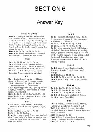 SECTION 6
Answer Key
Introductory Unit
Task 1: 1 feeling a bit under the weather,
2 in the nick of time, 3 know (London)like
the back of my hand, 4 pull a few strings for
me, 5 get a word in edgeways, 6 the rat race,
7 followin his footsteps, 8 cutting it a bit
fine, 9 look on the bright side, 10 sweep this
under the carpet
Task 2: lg, 2c, 3d, 4h, 5f, 6b, 7a, 8e
Task 3: l a literal, 2a non-literal, 3a literal,
4a non-literal, 5a literal, 6a non-literal
Unit 1
Ex 1: lc, 2f, 3b, 4a, 5h, 6d, 7g, Be
Ex 2: 1 spend, 2 save, 3 value, 4 waste,
5 ran out of, 6 spare, 7 afford, 8 precious,
9 waste, 10 short of, 11 plenty, 12 make
Ex 3: 1 spend, 2 afford/spare, 3 spare,
4 wasting, 5 save, 6 running out/short
Unit 2
Ex 1: 1 minefields, 2 captures, 3 Battle,
4 march, 5 casualties, 6 targets, targets,
7 flak, 8 bombard, 9 sights, 10 forces,
11 reinforcements, 12 surrounded
Ex 2: 1 gaining ground on, 2 give up without
a fight, 3 reinforce, 4 surrounded, 5 joined
forces, 6 bombarded
Ex 3: le, 2i, 3j, 4d, 5h, 6c, 7a, 8f, 9b, log
Ex 4: 1 gain, 2 set, 3 capture, 4 set, 5 give,
6 reinforce, 7 take, 8 join
Unit 3
Ex 1: 1 wide, 2 eye-opener, 3 Hindsight,
4 blinkers, 5 mud, 6 Short-sighted, 7 sight,
8 view
Ex 2: lh, 2b, 3e, 4g, 5f, 6a, 7c, 8d
Ex 3: lc, 2a, 3f, 4b, 5d, 6e
Ex 4: 1 as clear as mud, 2 very short-sighted
view, 3 lose sight of, 4 from my point of view,
5 seen the light, 6 It's not very clear, 7 I see
what you mean
Unit 4
Ex 1
: 1 take off, 2 tunnel, 3 ruts, 4 track,
5 crossroads, 6 steam, 7 rails, 8 footsteps,
9 dead-end, 10 short-cut
Ex 2: la, 2b, 3e, 4f, 5c, 6g, 7d, 8h
Ex 3: lc, 2a, 3d, 4f, 5b, 6e, 7h, 8g
EX 4: 1 going nowhere fast, 2 he'll follow in
his father's footsteps, 3 there's no turning
back, 4 gone our separate ways, 5 He's well
on the road to recovery, 6 light at the end of
the tunnel, 7 no short-cut to success,
8 running out of steam, 9 taken off, 10 I'm
coming or going
Unit 5
EX 1: 1 hand, 2 toss, 3 odds, 4 deals,
5 jackpot, 6 stake, 7 bluff, hand, bluff,
8 chips
Ex 2: lb, 2c, 3a, 4d, 5f, 6e
Ex 3: If, 2a, 3b, e, 4d, 5i, 68, 7h, 8j, 9c
Ex 4: 1 dealt, 2 play, 3 put, 4 got, 5 show,
6 take
Unit 6
EX 1: lg, 2c, 3h, 4f, 5b, 6d, 7a, Be
Ex 2: lc, 2b, 3a, 4g, 5h, 6e, 7f, 8d
Ex 3: Id, 2a, 3h, 4g, 5f, 6e, i'b, 8c
Ex 4: 1 all, 2 same, 3 uncharted, 4 pass,
5 rock, 6 ropes, 7 on, 8 bail
Unit 7
Ex 1: 1 breeze, 2 shower, 3 hazy, 4 frosty,
5 gloomy, 6 cloud over, 7 storm, 8 cool
EX 2: 1 storming, 2 breezed, 3 weather,
4 cooled, 5 warm, 6 frosty, 7 warm, 8 gloomy,
9 wet, 10 shower
Ex 3: lb, 2e, 3d, 4a, 5c
Ex 4: 1 cloud, 2 warmed up, 3 warmed,
4 hazy, 5 clouded, 6 wind, 7 brighten up
Ex 5: Id, 2e, 3c, 4a, 5f, 6b
 