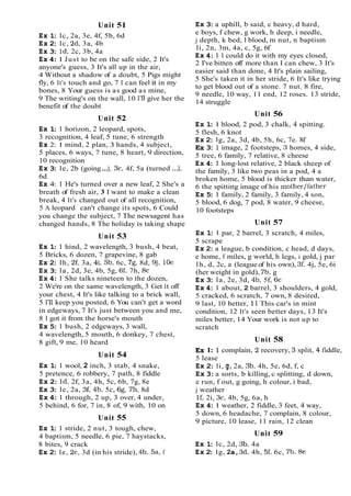Unit 51
Ex 1
: lc, 2a, 3e, 4f, 5b, 6d
Ex 2
: lc, 2d, 3a, 4b
Ex 3
: Id, 2c, 3b, 4a
Ex 4:1 Just to be on the safe side, 2 It's
anyone's guess, 3 It's all up in the air,
4 Without a shadow of a doubt, 5 Pigs might
fly, 6 It's touch and go, 7 I can feel it in my
bones, 8 Your guess is as good as mine,
9 The writing's on the wall, 10 I'll give her the
benefit of the doubt
Unit 52
Ex 1
: 1 horizon, 2 leopard, spots,
3 recognition, 4 leaf, 5 tune, 6 strength
Ex 2: 1 mind, 2 plan, 3 hands, 4 subject,
5 places, 6 ways, 7 tune, 8 heart, 9 direction,
10 recognition
Ex 3
: le, 2b (going...), 3c, 4f, 5a (turned ...),
6d
Ex 4: 1 He's turned over a new leaf, 2 She's a
breath of fresh air, 3 I want to make a clean
break, 4 It's changed out of all recognition,
5 A leopard can't change its spots, 6 Could
you change the subject, 7 The newsagent has
changed hands, 8 The holiday is taking shape
Unit 53
Ex 1
: 1 hind, 2 wavelength, 3 bush, 4 beat,
5 Bricks, 6 dozen, 7 grapevine, 8 gab
Ex 2
: lh, 2f, 3a, 4i, 5b, 6c, 7g, 8d, 9j, 10e
Ex 3
: la, 2d, 3e, 4b, 5g, 61, 7h, 8c
Ex 4:1 She talks nineteen to the dozen,
2 We're on the same wavelength, 3 Get it off
your chest, 4 It's like talking to a brick wall,
5 1'11keep you posted, 6 You can't get a word
in edgeways, 7 It's just between you and me,
8 I got it from the horse's mouth
Ex 5
:1 bush, 2 edgeways, 3 wall,
4 wavelength, 5 mouth, 6 donkey, 7 chest,
8 gift, 9 me, 10 heard
Unit 54
Ex 1
: 1 wool, 2 inch, 3 stab, 4 snake,
5 pretence, 6 robbery, 7 path, 8 fiddle
Ex 2
: Id, 2f, 3a, 4h, 5c, 6b, 7g, 8e
Ex 3
: le, 2a, 3f, 4b, 5c, 68, 7h, 8d
Ex 4:1 through, 2 up, 3 over, 4 under,
5 behind, 6 for, 7 in, 8 of, 9 with, 10 on
Unit 55
Ex 1
: 1 stride, 2 nut, 3 tough, chew,
4 baptism, 5 needle, 6 pie, 7 haystacks,
8 bites, 9 crack
Ex 2
: le, 2c, 3d (in his stride), 4b, 5a, f
Ex 3
:a uphill, b said, c heavy, d hard,
e boys, f chew, g work, h deep, i needle,
j depth, k bed, 1blood, m nut, n baptism
li, 2n, 3m, 4a, c, 5g, 6f
Ex 4:1 I could do it with my eyes closed,
2 I've bitten off more than I can chew, 3 It's
easier said than done, 4 It's plain sailing,
5 She's taken it in her stride, 6 It's like trying
to get blood out of a stone. 7 nut. 8 fire,
9 needle, 10 way, 11 end, 12 roses. 13 stride,
14 struggle
Unit 56
Ex 1
:1 blood, 2 pod, 3 chalk, 4 spitting.
5 flesh, 6 knot
Ex 2
: lg, 2a, 3d, 4b, 5h, 6c, 7e. 8f
Ex 3
: 1 image, 2 footsteps, 3 homes, 4 side,
5 tree, 6 family, 7 relative, 8 cheese
Ex 4
: 1 long-lost relative, 2 black sheep of
the family, 3 like two peas in a pod, 4 a
broken home, 5 blood is thicker than water,
6 the spitting image of his mother/father
Ex 5
: 1 family, 2 family, 3 family, 4 son,
5 blood, 6 dog, 7 pod, 8 water, 9 cheese,
10 footsteps
Unit 57
Ex 1
: 1 par, 2 barrel, 3 scratch, 4 miles,
5 scrape
Ex 2
:a league, b condition, c head, d days,
e home, f miles, g world, h legs, i gold, j par
lh, d, 2c, a (league of his own), 3f, 4j, 5e, 6i
(her weight in gold), 7b, g
Ex 3
: la, 2e, 3d, 4b, 5f, 6c
Ex 4: 1 about, 2 barrel, 3 shoulders, 4 gold,
5 cracked, 6 scratch, 7 own, 8 desired,
9 last, 10 better, 11This car's in mint
condition, 12 It's seen better days, 13 It's
miles better, 14 Your work is not up to
scratch
Unit 58
Ex 1: 1complain, 2 recovery, 3 split, 4 fiddle,
5 lease
Ex 2
: li, g,2a, 3b, 4h, 5e, 6d, f, c
Ex 3:a sorts, b killing, c splitting, d down,
e run, f out, g going, h colour, i bad,
j weather
If, 2i, 3c, 4b, 5g, 6a, h
Ex 4
:1 weather, 2 fiddle, 3 feet, 4 way,
5 down, 6 headache, 7 complain, 8 colour,
9 picture, 10 lease, 11 rain, 12 clean
Unit 59
Ex 1
: lc, 2d, 3b, 4a
Ex 2
: lg, 2a,3d, 4h, 5f, 6c, 7b, Be
 