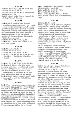 Unit 93
Ex 1
: la, 2f, 3c, 4j, 5e, 6g, 7d, 8b, 9i, 10h
Ex 2
: le, 2a, 3d, 4f, 5b, 6c
Ex 3
: lh, 2f, 3a, 4c, 5g, 6d, 7e (brought out
the best in her), 8b
Ex 4
: 1 bring, 2 make, 3 seen, 4 paid, 5 do,
6 feeling, 7 take, 8 throwing
Unit 94
Ex 2
:a suit, b get off, c keep, d stand,
e keep, f cover, g prepare, h cut, i hit, j break,
l a (suit him down to the ground), 2f (cover,
ground), 3g (prepare the ground), 4b (get off
the ground), 5c (keep your ear to the ground),
6h (cut the ground from under my feet), 7d
(stood my ground), 8i (hit the ground
running), 9e (keep my feet on the ground),
10j (break new ground)
Ex 3
: le, 2c, 3f, 4d, 5a, 6h, 7g, 8b
Ex 4:1 into, 2 down, 3 to, 4 under, 5 on,
6 off, 7 in, 8 down
Unit 95
Ex 1
: If, 2d, 3a, 4b, 5e, 6c
Ex 2
: le, 2a, 3b, 4f, 5c, 6d
Ex 3
: lb, 2a, 3f, 4c, 58, 6e, 7h, 8d
Ex 4: le, 2f, 3a, 4h, 5b, 6d, 7c, 8g, 9 -, 10 a,
11 the, 12 a, 13 the, 14 the, 15 a, 16 a,
17 the, 18 -
Unit 96
Ex 2
: lc, 28, 3j, 4b, 5f, 6i, 7a, Bd, 9h, 10e
Ex 3:a far, b thing, c of, d all, e hand,
f never, g let, h out, 1 never know, 2 for all I
know, 3 I'll let you know, 4 know it inside
out, 5 as far as I know, 6 know of him,
7 knows a thing or two about, 8 The right
hand doesn't know what the left is doing
Ex 4
:1 first, 2 sight, 3 inside, 4 two, 5 back,
6 meaning, 7 never, 8 far, 9 all, 10 that,
11 best, 12 let
Unit 97
Ex 1
:When I was young, my parents gave me
an excellent start in life and I always played a
full part in the life of my school. Later, I
enjoyed student life. I have been in interested
in politics for all of mv adult life, and I've
always been active in public life. Familv life is
very important to me and when my son was
fighting for his life after his accident, I gave up
all political activity for a while. Later, when
the scandal hit me, I fought - unsuccessfully -
for mv political life, so I had to give up for good.
If only my private life had stayed private!
Ex 2
: 1 double life, 2 working life, 3 everyday
life, 4 shelf life, 5 public life
Ex 3
: lg, 2h, 3c, 4b, 5f, 6e, 7d, 8a
Ex 4: la, 2d, 3f, 4b, 5e, 6c
Ex 5: 1 walks, 2 public, 3 kiss, 4 double,
5 loss, 6 time, 7 spice, 8 on, 9 facts/meaning
10 get
Unit 98
Ex 1
: le, 2d, 3c, 4a, 5b
Ex 2
:a a light snack, b light relief, c light or
heavy industry, d heavy going, e a light or
heavy lunch, f a light day, or more commonly,
a heavy day, g light or heavy casualties,
h light or heavy traffic, i light or heavy work,
j light or heavy rain, k heavy fighting,
1 heavy losses, m a light or heavy shower,
n light reading, o a heavy cold, p a heavy
heart, q a light or heavy sleeper, r light
entertainment, s a light aircraft, t a light or a
heavy meal
Ex 3
: 1 heavy meal, 2 heavy industry,
3 light, 4 heavy cold, 5 light sleeper, 6 heavy
casualties, 7 light entertainment, 8 light
relief, 9 heavy going, 10 heavy shower,
11 heavy losses, 12 heavy day, 13 light work,
14 light snack, 15 heavy heart, 16 light
lunch, 17 light aircraft, 18 light reading,
19 heavy rain, 20 Heavy fighting
Ex 4: la, 2a/b, 3a/b, 4a, 5a, 6a/b
Unit 99
Ex 1
:1 sieve, 2 logs, 3 plague, 4 clockwork,
5 dirt, 6 bricks, 7 maniac, 8 ton
Ex 2
: lh, 2e, 3a, 4f, 5g, 6c, 7d, 8b
9 You look like death warmed up, 10 He
treats her like dirt, 11 It's like water off a
duck's back, 12 He eats like a horse, 13 She's
taken to it like a duck to water, 14 He drinks
like a fish, 15 I've got a memory like a sieve,
16 He smokes like a chimney
Ex 3
: Id, 2a, 3f, 4e, 5b, 6h, 7c, 8g, 9 I slept
like a log, 10 she spends money like there's
no tomorrow, 11 He speaks it like a native,
12 Everything went like clockwork, 13 He
drives like a maniac, 14 came down on me
like a ton of bricks, 15 I felt like a fish out of
water, 16 Avoid it like the plague
Ex 4:1 She speaks English like a native,
2 He drives like a maniac, 3 Everything went
like clockwork, 4 I've got a memory like a
sieve, 5 I felt like a fish out of water at the
meeting, 6 You look like death warmed up,
7 It's like water off a duck's back. 8 She eats
 