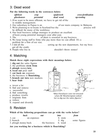 3: Dead wood
Put the following words in the sentences below:
offshoot crop spadework cross-fertilisation
glasshouses perennial dead wood up-rooting
1. If we want to be more efficient, we have to get rid of the
in middle management.
2. Our subsidiary in Papua is an of our main company in Malaysia.
3. We're planning to re-locate in Scotland but the process will
be difficult for many of the workforce.
4. Our local business college manages to produce an excellent
of keen young potential managers year after year.
5. The of ideas is essential in any business.
6. We keep losing staff to firms who pay more than we can afford. It's a
problem for a firm of our size.
7. I did all the setting up the new department, but my boss
got all the credit.
8. People who live in shouldn't throw stones!
4: Matching
Match these eight expressions with their meanings below:
1. dig out the sales figures
2. the problems stem from
3. plough money into
4. weed out poor staff
5. cut back on expenses
6. the business is flourishing
7. branch out into new markets
8. bear fruit
a. invest a lot
b. find and remove
c. successful
d. find something
e. produce results
f. originate from
g. reduce
h. expand and diversify
5: Revision
Which of the following prepositions can go with the verbs below?
back out into from
1. cut on expenses 4. stem
2. branch 5. dig some figures
3. plough money back the business 6. weed
Are you working for a business which is flourishing?
33
 