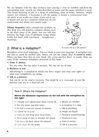 We are familiar with the idea of heavy rain causing a river to overflow and flood the
surrounding area; crowds are often described as water and the same verb flood is used.
The literal meaning of pile is a heap of something; piles of money, however, simply
means lots of money. A hot potato is not for eating; it means a controversial issue.
An uncle at sea works on a boat; if you are at sea,
it means you are in a situation which you do not
understand and where you cannot cope.
Idioms Organiser takes a broad view of idiom. In
this book you will practise common idioms such
as the black sheep of the family, but you will also
practise the huge area of idiomatic usage where
words are used with non-literal - metaphorical -
meanings.
2: What is a metaphor?
Metaphors exist in all languages. You use them in your own language. A metaphor uses
one idea to stand for another idea. Above, we saw the simple idea: A crowd is water.
When you have that idea in your mind, the crowd can flow, flood, or trickle. Here are
some of the common metaphors practised in this book:
1. Time is money.
We save time. We can spare 5 minutes. We can run out of time.
2. Business is war.
Advertising is a minefield in which you have targets and keep your sights on
what your competitors are doing.
3. Life is a journey.
You can be on the road to recovery. You might be at a crossroads in your life
because you are in a dead-end job.
6
 