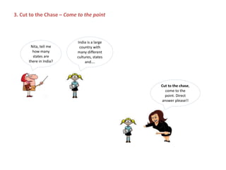 Nita, tell me
how many
states are
there in India?
India is a large
country with
many different
cultures, states
and….
Cut to the chase,
come to the
point. Direct
answer please!!
3. Cut to the Chase – Come to the point
 