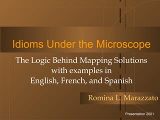 Presentation 2001
Idioms Under the Microscope
The Logic Behind Mapping Solutions
with examples in
English, French, and Spanish
Romina L. Marazzato
 