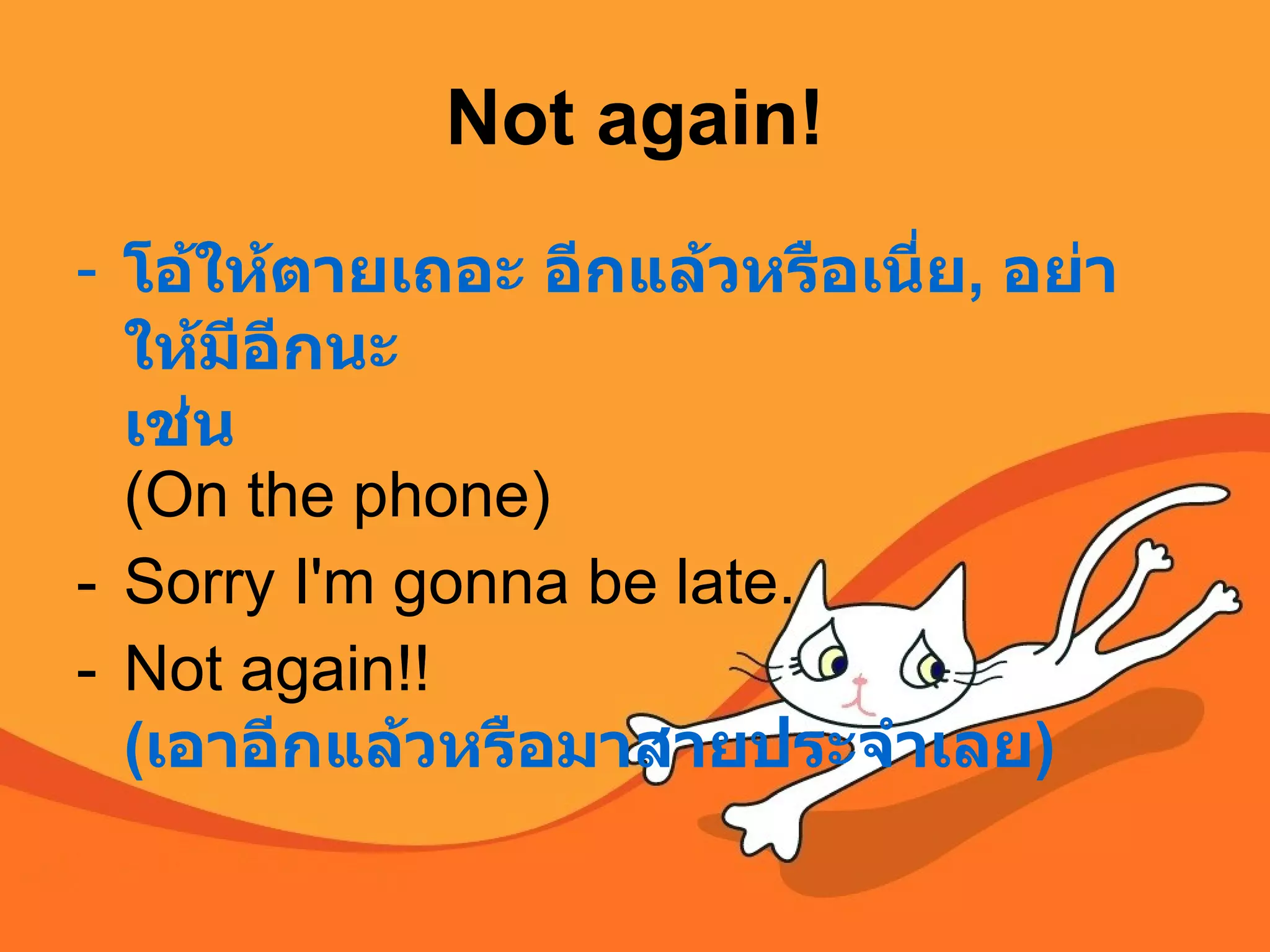 Not again! โอ้ให้ตายเถอะ อีกแล้วหรือเนี่ย ,  อย่าให้มีอีกนะ เช่น (On the phone)  Sorry I'm gonna be late. Not again!! ( เอาอีกแล้วหรือมาสายประจำเลย )   