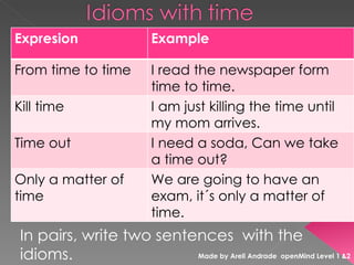 In pairs, write two sentences  with the idioms. Made by Areli Andrade  openMind Level 1 &2 Expresion Example From time to time I read the  newspape r form time to time. Kill time I am just killing the time until my mom arrives. Time out I need a soda, Can we take a time out? Only a matter of time We are going to have an exam, it´s only a matter of time. 
