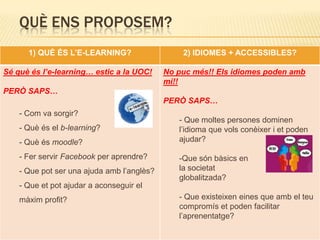 QUÈ ENS PROPOSEM?
      1) QUÈ ÉS L’E-LEARNING?                   2) IDIOMES + ACCESSIBLES?

Sé què és l’e-learning… estic a la UOC!     No puc més!! Els idiomes poden amb
                                            mi!!
PERÒ SAPS…
                                            PERÒ SAPS…
    - Com va sorgir?
                                               - Que moltes persones dominen
    - Què és el b-learning?                    l’idioma que vols conèixer i et poden
    - Què és moodle?                           ajudar?

    - Fer servir Facebook per aprendre?        -Que són bàsics en
    - Que pot ser una ajuda amb l’anglès?      la societat
                                               globalitzada?
    - Que et pot ajudar a aconseguir el
    màxim profit?                              - Que existeixen eines que amb el teu
                                               compromís et poden facilitar
                                               l’aprenentatge?
 