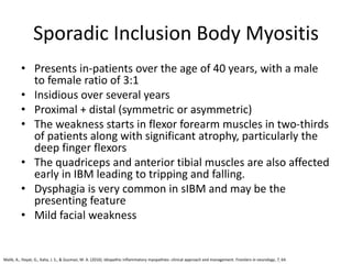 Sporadic Inclusion Body Myositis
• Presents in-patients over the age of 40 years, with a male
to female ratio of 3:1
• Insidious over several years
• Proximal + distal (symmetric or asymmetric)
• The weakness starts in flexor forearm muscles in two-thirds
of patients along with significant atrophy, particularly the
deep finger flexors
• The quadriceps and anterior tibial muscles are also affected
early in IBM leading to tripping and falling.
• Dysphagia is very common in sIBM and may be the
presenting feature
• Mild facial weakness
Malik, A., Hayat, G., Kalia, J. S., & Guzman, M. A. (2016). Idiopathic inflammatory myopathies: clinical approach and management. Frontiers in neurology, 7, 64.
 
