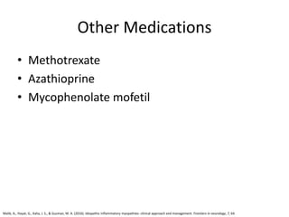Other Medications
• Methotrexate
• Azathioprine
• Mycophenolate mofetil
Malik, A., Hayat, G., Kalia, J. S., & Guzman, M. A. (2016). Idiopathic inflammatory myopathies: clinical approach and management. Frontiers in neurology, 7, 64.
 