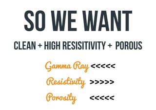 Gamma Ray <<<<<
Resistivity >>>>>
Porosity <<<<<
so we want
clean + high resisitivity + porous
 