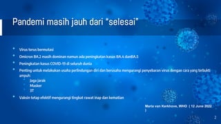 Pandemi masih jauh dari “selesai”
• Virus terus bermutasi
• Omicron BA.2 masih dominan namun ada peningkatan kasus BA.4 danBA.5
• Peningkatan kasus COVID-19 di seluruh dunia
• Penting untuk melakukan usaha perlindungan diri dan berusaha mengurangi penyebaran virus dengan cara yang terbukti
ampuh:
• Jaga jarak
• Masker
• 3T
• Vaksin tetap efektif mengurangi tingkat rawat inap dan kematian
2
Maria van Kerkhove, WHO ( 12 June 2022
)
 