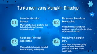 01
Menolak Memakai
Masker
Masyarakat dengan gejala flu dan
batuk tetap bandel menolak
memakai masker
Penurunan Kesadaran
Masyarakat
02
Kesadaran masyarakat akan
pentingnya perilaku hidup bersih dan
sehat semakin rendah
Melanggar Protokol
Kesehatan
03
Masyarakat abai dengan protokol
kesehatan yang berlangsung
Munculnya Golongan
Baru
04 Munculnya orang-orang yang
menolak untuk melakukan
protokol kesehatan karena
sudah lelah
Tantangan yang Mungkin Dihadapi
 