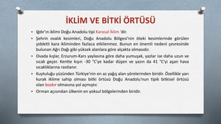  Iğdır'ın iklimi Doğu Anadolu tipi Karasal İklim ‘dir.
 Şehrin ovalık kesimleri, Doğu Anadolu Bölgesi'nin öteki kesimlerinde görülen
şiddetli kara ikliminden fazlaca etkilenmez. Bunun en önemli nedeni çevresinde
bulunan Ağrı Dağı gibi yüksek alanlara göre alçakta olmasıdır.
 Ovada kışlar, Erzurum-Kars yaylasına göre daha yumuşak, yazlar ise daha uzun ve
sıcak geçer. Kentte kışın -30 °C'ye kadar düşen ve yazın da 41 °C'yi aşan hava
sıcaklıklarına rastlanır.
 Kuytuluğu yüzünden Türkiye'nin en az yağış alan yörelerinden biridir. Özellikle yarı
kurak iklime sahip olması bitki örtüsü Doğu Anadolu'nun tipik bitkisel örtüsü
olan bozkır olmasına yol açmıştır.
 Orman açısından ülkenin en yoksul bölgelerinden biridir.
İKLİM VE BİTKİ ÖRTÜSÜ
 