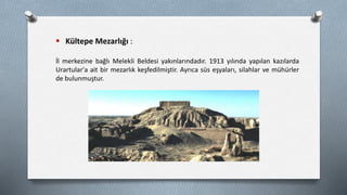  Kültepe Mezarlığı :
İl merkezine bağlı Melekli Beldesi yakınlarındadır. 1913 yılında yapılan kazılarda
Urartular'a ait bir mezarlık keşfedilmiştir. Ayrıca süs eşyaları, silahlar ve mühürler
de bulunmuştur.
 