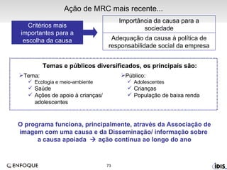 Critérios mais importantes para a escolha da causa Temas e públicos diversificados, os principais são:  Ação de MRC mais recente... Tema: Ecologia e meio-ambiente  Saúde  Ações de apoio à crianças/ adolescentes Público: Adolescentes Crianças População de baixa renda O programa funciona, principalmente, através da Associação de imagem com uma causa e da Disseminação/ informação sobre  a causa apoiada    ação contínua ao longo do ano Adequação da causa à política de responsabilidade social da empresa Importância da causa para a sociedade 