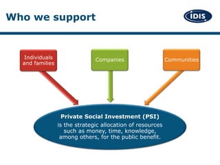 Private Social Investment (PSI)
is the strategic allocation of resources
such as money, time, knowledge,
among others, for...
