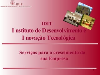 IDIT
I nstituto de Desenvolvimento e
     I novação Tecnológica

   Serviços para o crescimento da
             sua Empresa

                                    1
 