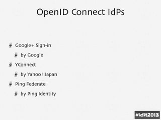OpenID Connect IdPs
Google+ Sign-in
by Google
YConnect
by Yahoo! Japan
Ping Federate
by Ping Identity
 