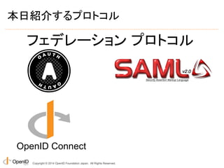 本日紹介するプロトコル 
フェデレーション プロトコル 
OpenID Connect 
Copyright © 2014 OpenID Foundation Japan. All Rights Reserved. 
 