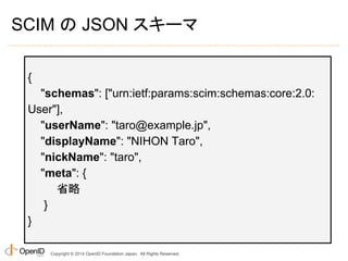 SCIM の JSON スキーマ 
{ 
"schemas": ["urn:ietf:params:scim:schemas:core:2.0: 
User"], 
"userName": "taro@example.jp", 
"displayName": "NIHON Taro", 
"nickName": "taro", 
"meta": { 
省略 
} 
Copyright © 2014 OpenID Foundation Japan. All Rights Reserved. 
} 
 