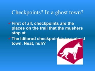 Checkpoints? In a ghost town? First of all, checkpoints are the places on the trail that the mushers stop at. The Iditarod checkpoint is in a ghost town. Neat, huh?  