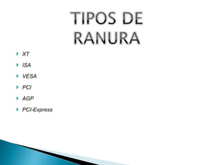  XT
 ISA
 VESA
 PCI
 AGP
 PCI-Express
 