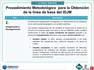2. Diseño IDJM 2011

Procedimiento Metodológico para la Obtención
         de la línea de base del IDJM
       Paso                                        Descripción
                   El proceso de categorización corresponde a la identificación de las categorías
2.                 en las cuales puede desagregarse una variable cualitativa.
Categorización y
                   Una primera categorización de las variables se realizó para el diseño de la
Recategorización   Encuesta de Juventud. Sobre esta base y, una vez definidas cuáles variables
                   conformarían el índice, el equipo coordinador del proyecto procedió a un
                   proceso de recategorización exhaustivo para asignar valores ordinales a las:

                     •   Variables simples, es decir, aquellas correspondientes a los ítems
                         originales del cuestionario (pej., calificación otorgada a las ofertas de
                         ciudad).

                     •   Variables compuestas, es decir, aquellas resultantes de diferentes
                         combinatorias de conjuntos de variables asociadas entre sí (por
                         ejemplo, combinaciones resultantes de edad-consumo de sustancias-sitio de
                         consumo; o combinatoria de edad-actividad actual-máximo nivel educativo
                         alcanzado hasta el momento).
 