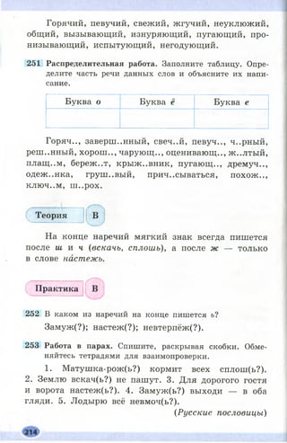 Горячий, певучий, свежий, жгучий, неуклюжий,
общий, вызывающий, изнуряющий, пугающий, про­
низывающий, испытующий, негодующий.
251 Распределительная работа. Заполните таблицу. Опре­
делите часть речи данных слов и объясните их напи­
сание.
Буква о Буква ё Буква е
Горяч.., завершенный, свеч..й, певуч.., ч..рный,
решенный, хорош .., чарующ .., оценивающ.., ж..лтый,
плащ..м, береж..т, крыж ..вник, пугающ .., дремуч..,
одеж..нка, груш ..вый, причесываться, похож ..,
ключ..м, ш ..рох.
—
Теория
На конце наречий мягкий знак всегда пишется
после ш и ч (вскачь, сплошь), а после ж — только
в слове настежь.
Практика
252 В каком из наречий на конце пишется ь?
Замуж(?); настеж(?); невтерпёж(?).
253 Работа в парах. Спишите, раскрывая скобки. Обме­
няйтесь тетрадями для взаимопроверки.
1. М атушка-рож(ь?) кормит всех сплош(ь?).
2. Землю вскач(ь?) не пашут. 3. Для дорогого гостя
и ворота настеж(ь?). 4. Замуж(ь?) выходи — в оба
гляди. 5. Лодырю всё невмоч(ь?).
(Русские пословицы)
 