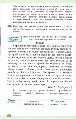 Для справок: удивительное сияние красок; с помощью
света создавать впечатление; передний план карти­
ны; задний план; ослепительно-голубое небо; светлое
и радостное состояние природы; яркость, лучезарность
летнего дня; залитая солнцем поляна; теряющийся
в таинственной дымке лес; кроны деревьев; чувство
восхищения родным пейзажем.
273 Известно, что берёза стала символом весны и моло­
дости. Расскажите, какие ещё растения-символы вы
Українські легенди кажуть, що колись-таки була
тополя дівчиною. Налетіли на село турки, старих по­
рубали, молодих у полон забрали. Іде в невільничо­
му гурті дівчина, і кожен крок їй все важче даєть­
ся, бо веде він далі від рідного дому. Вночі дівчина
не спала, тихо звільнившись від пут, втекла. А на
світанку, коли зовсім трохи залишилося до села,
де могла сховатися від ворога, побачила за собою
кінну погоню. «Батьку степ, поля рідні, порятуйте
мене!» — біжить і благає. Щ е трохи — і вхопить
її за коси вершник, ось уже вхопив, та рука сковзну­
ла з гілки, бо за мить обернулася дівчина тополею.
Так і стоїть тепер край села. А щ ороку на Зелені
свята водять дівчата «тополю».
Для справок: гурт — группа; світанок — рассвет; по­
рятуйте — спасите; благати — умолять; вершник —
всадник.
знаете.
Домашнєє
задание
274 Напишите изложение по тексту, где
идёт речь об украинской легенде.
Т о п о л я
Щ о Г. Бондаренко)
Сравните!
По-русски
высокий тополь
По-украински
висока тополя
 