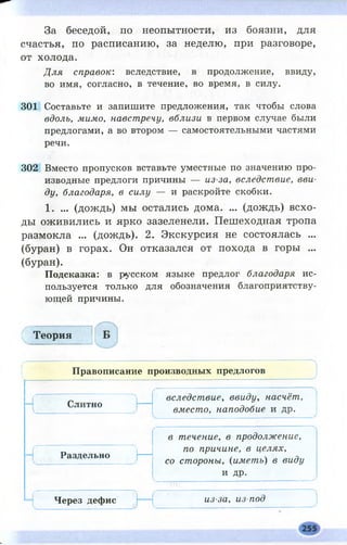 За беседой, по неопытности, из боязни, для
счастья, по расписанию, за неделю, при разговоре,
от холода.
Для справок: вследствие, в продолжение, ввиду,
во имя, согласно, в течение, во время, в силу.
301 Составьте и запишите предложения, так чтобы слова
вдоль, мимо, навстречу, вблизи в первом случае были
предлогами, а во втором — самостоятельными частями
речи.
302 Вместо пропусков вставьте уместные по значению про­
изводные предлоги причины — из-за, вследствие, вви­
ду, благодаря, в силу — и раскройте скобки.
1. ... (дождь) мы остались дома. ... (дождь) всхо­
ды оживились и ярко зазеленели. Пешеходная тропа
размокла ... (дождь). 2. Экскурсия не состоялась ...
(буран) в горах. Он отказался от похода в горы ...
(буран).
Подсказка: в русском языке предлог благодаря ис­
пользуется только для обозначения благоприятству­
ющей причины.
Т е о р и я
Правописание производных предлогов
Слитно
Раздельно
Через дефис
вследствие, ввиду, насчёт,
вместо, наподобие и др.
в течение, в продолжение,
по причине, в целях,
со стороны, (иметь) в виду
и др.
из-за, из-под
 