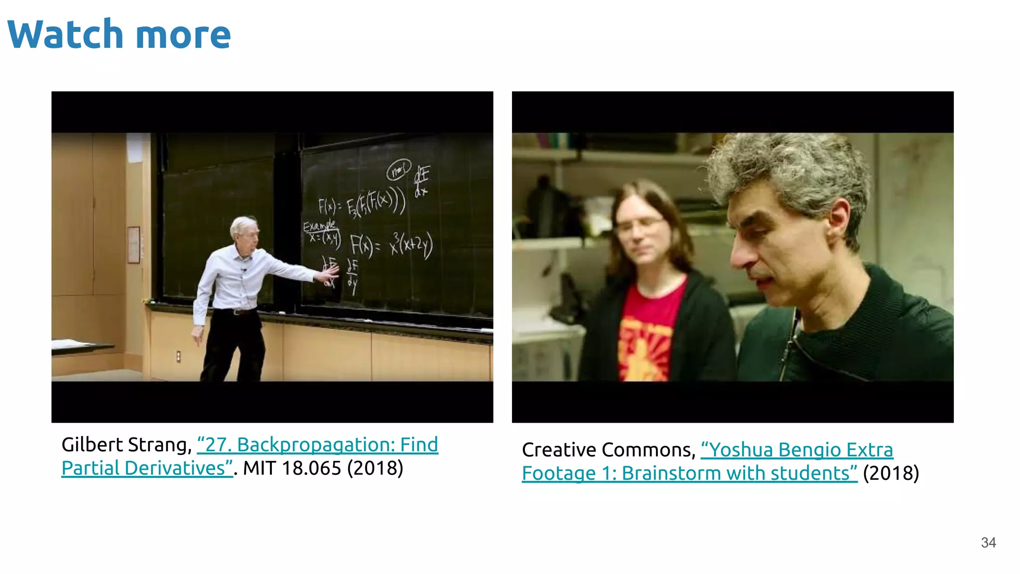 Watch more
34
Gilbert Strang, “27. Backpropagation: Find
Partial Derivatives”. MIT 18.065 (2018)
Creative Commons, “Yoshua Bengio Extra
Footage 1: Brainstorm with students” (2018)
 