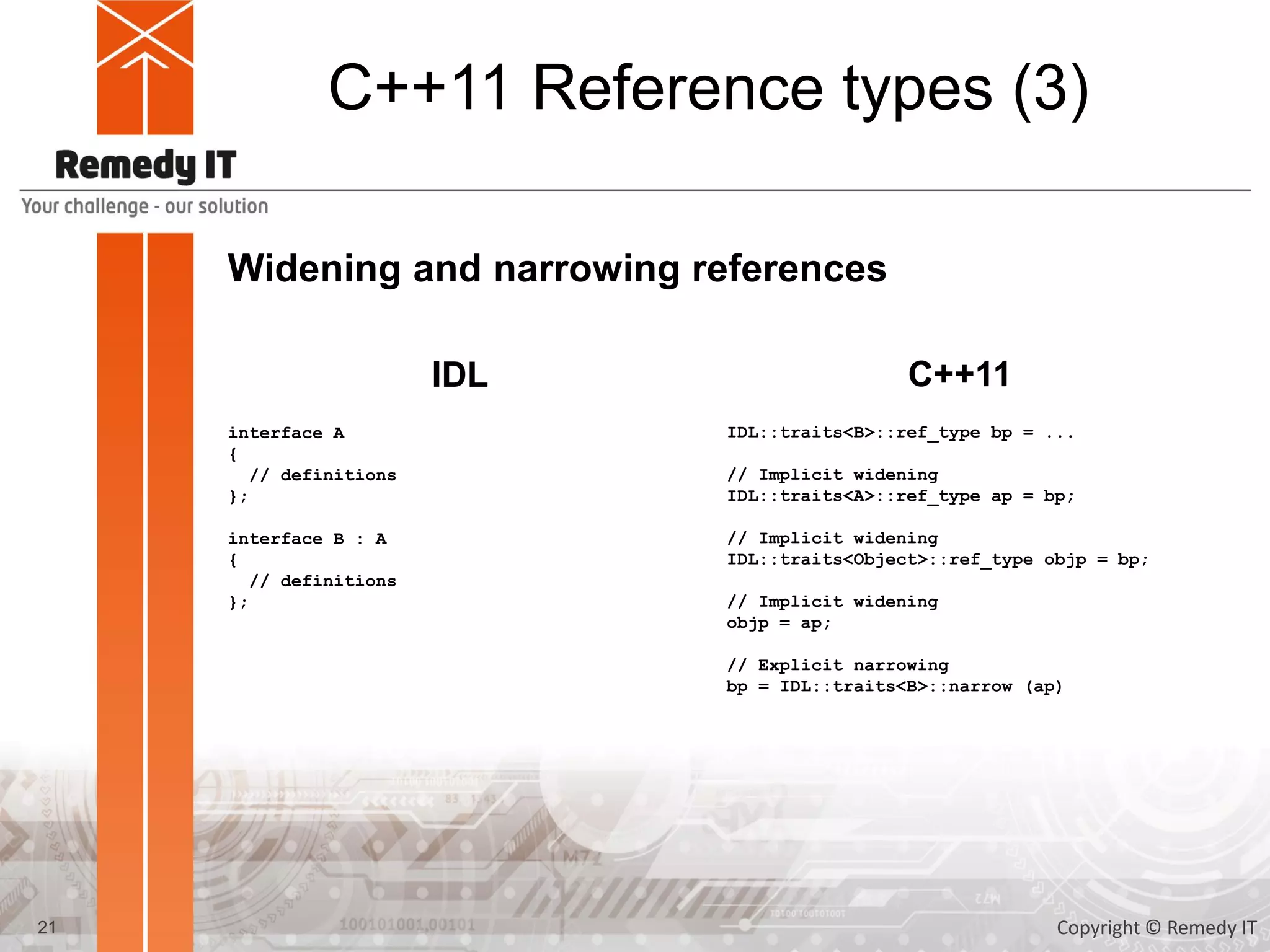 C++11 Reference types (3)
Widening and narrowing references
interface A
{
// definitions
};
interface B : A
{
// definitions
};
IDL C++11
IDL::traits<B>::ref_type bp = ...
// Implicit widening
IDL::traits<A>::ref_type ap = bp;
// Implicit widening
IDL::traits<Object>::ref_type objp = bp;
// Implicit widening
objp = ap;
// Explicit narrowing
bp = IDL::traits<B>::narrow (ap)
21 Copyright © Remedy IT
 