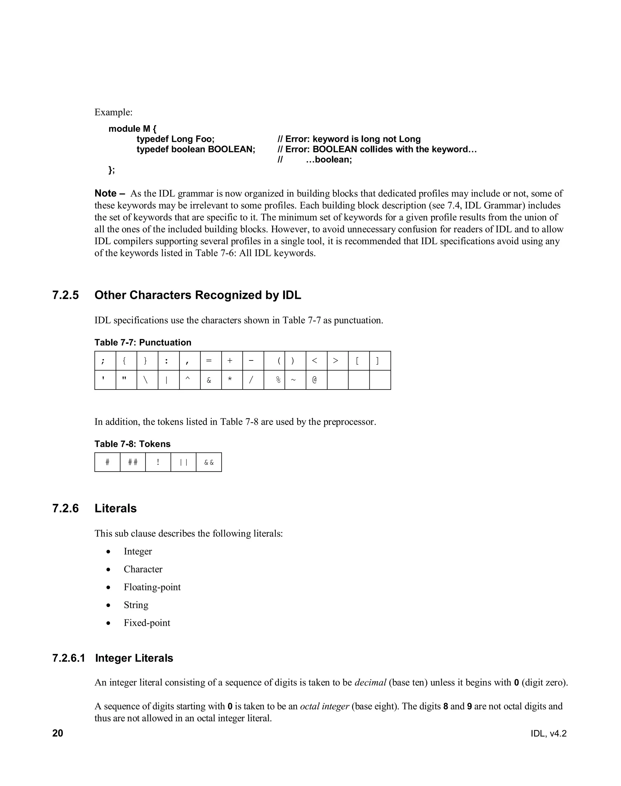 20 IDL, v4.2
Example:
module M {
typedef Long Foo; // Error: keyword is long not Long
typedef boolean BOOLEAN; // Error: BOOLEAN collides with the keyword…
// …boolean;
};
Note – ‎‎As the IDL grammar is now organized in building blocks that dedicated profiles may include or not, some of
these keywords may be irrelevant to some profiles. Each building block description (see 7.4, IDL Grammar) includes
the set of keywords that are specific to it. The minimum set of keywords for a given profile results from the union of
all the ones of the included building blocks. However, to avoid unnecessary confusion for readers of IDL and to allow
IDL compilers supporting several profiles in a single tool, it is recommended that IDL specifications avoid using any
of the keywords listed in Table 7-6: All IDL keywords.
7.2.5 Other Characters Recognized by IDL
IDL specifications use the characters shown in Table 7-7 as punctuation.
Table 7-7: Punctuation
; { } : , = + - ( ) < > [ ]
' "  | ^ & * / % ~ @
In addition, the tokens listed in Table 7-8 are used by the preprocessor.
Table 7-8: Tokens
# ## ! || &&
7.2.6 Literals
This sub clause describes the following literals:
 Integer
 Character
 Floating-point
 String
 Fixed-point
7.2.6.1 Integer Literals
An integer literal consisting of a sequence of digits is taken to be decimal (base ten) unless it begins with 0 (digit zero).
A sequence of digits starting with 0 is taken to be an octal integer (base eight). The digits 8 and 9 are not octal digits and
thus are not allowed in an octal integer literal.
 