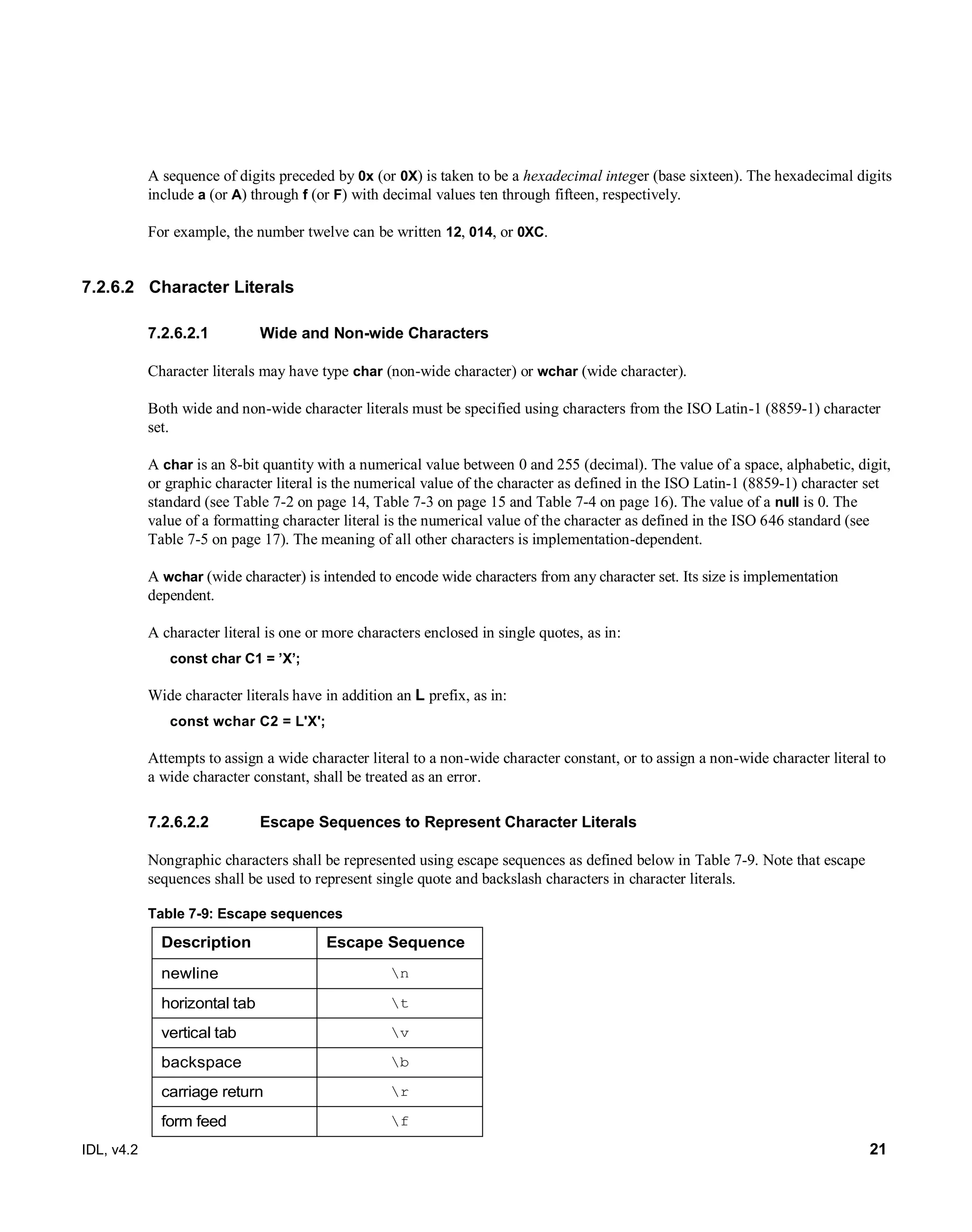 IDL, v4.2 21
A sequence of digits preceded by 0x (or 0X) is taken to be a hexadecimal integer (base sixteen). The hexadecimal digits
include a (or A) through f (or F) with decimal values ten through fifteen, respectively.
For example, the number twelve can be written 12, 014, or 0XC.
7.2.6.2 Character Literals
Wide and Non-wide Characters7.2.6.2.1
Character literals may have type char (non-wide character) or wchar (wide character).
Both wide and non-wide character literals must be specified using characters from the ISO Latin-1 (8859-1) character
set.
A char is an 8-bit quantity with a numerical value between 0 and 255 (decimal). The value of a space, alphabetic, digit,
or graphic character literal is the numerical value of the character as defined in the ISO Latin-1 (8859-1) character set
standard (see Table 7-2 on page 14, Table 7-3 on page 15 and Table 7-4 on page 16). The value of a null is 0. The
value of a formatting character literal is the numerical value of the character as defined in the ISO 646 standard (see
Table 7-5 on page 17). The meaning of all other characters is implementation-dependent.
A wchar (wide character) is intended to encode wide characters from any character set. Its size is implementation
dependent.
A character literal is one or more characters enclosed in single quotes, as in:
const char C1 = ’X’;
Wide character literals have in addition an L prefix, as in:
const wchar C2 = L'X';
Attempts to assign a wide character literal to a non-wide character constant, or to assign a non-wide character literal to
a wide character constant, shall be treated as an error.
Escape Sequences to Represent Character Literals7.2.6.2.2
Nongraphic characters shall be represented using escape sequences as defined below in Table 7-9. Note that escape
sequences shall be used to represent single quote and backslash characters in character literals.
Table 7-9: Escape sequences
Description Escape Sequence
newline n
horizontal tab t
vertical tab v
backspace b
carriage return r
form feed f
 