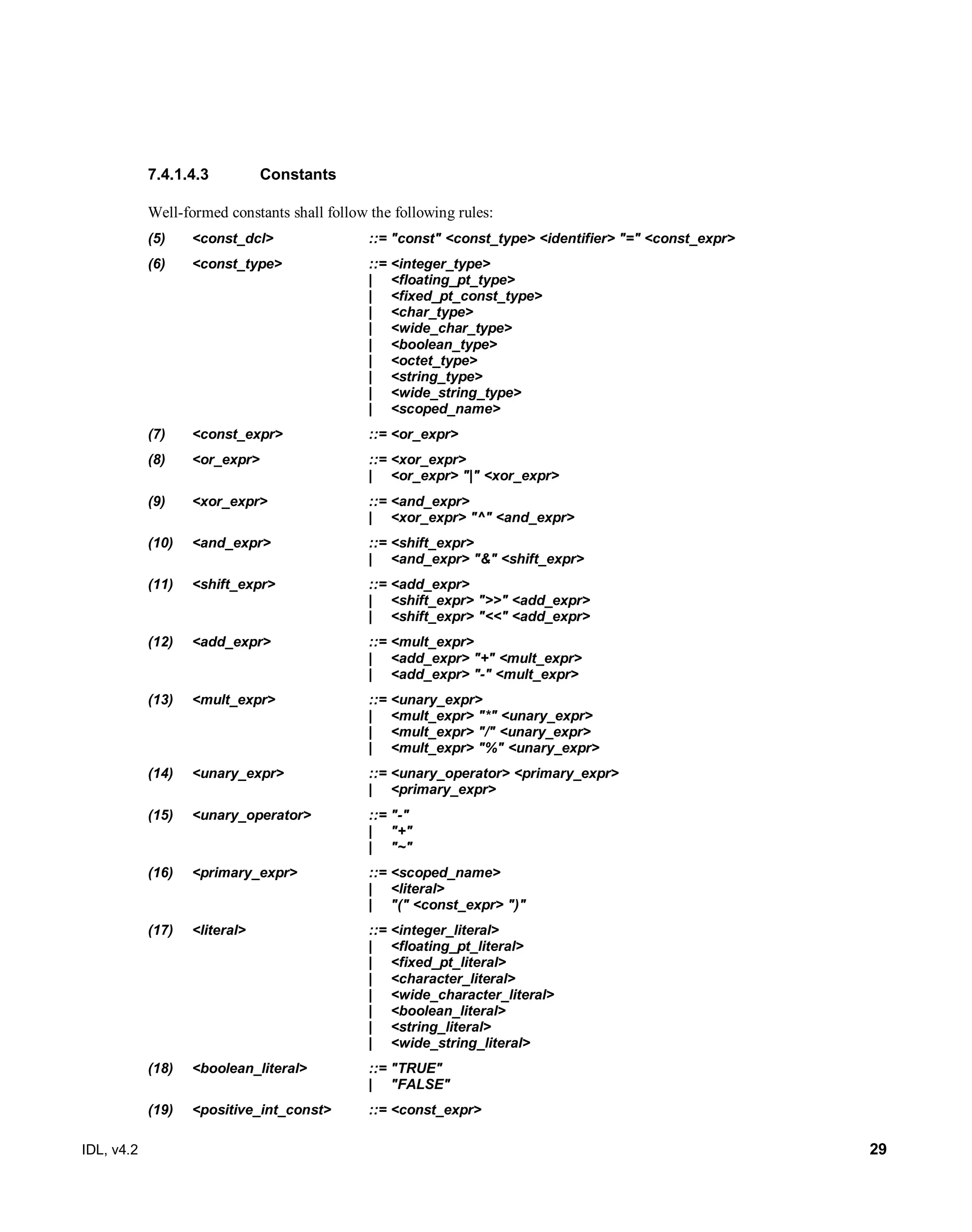 IDL, v4.2 29
Constants7.4.1.4.3
Well-formed constants shall follow the following rules:
‎(5) <const_dcl> ::= "const" <const_type> <identifier> "=" <const_expr>
(6) <const_type> ::= <integer_type>
| <floating_pt_type>
| <fixed_pt_const_type>
| <char_type>
| <wide_char_type>
| <boolean_type>
| <octet_type>
| <string_type>
| <wide_string_type>
| <scoped_name>
(7) <const_expr> ::= <or_expr>
(8) <or_expr> ::= <xor_expr>
| <or_expr> "|" <xor_expr>
(9) <xor_expr> ::= <and_expr>
| <xor_expr> "^" <and_expr>
(10) <and_expr> ::= <shift_expr>
| <and_expr> "&" <shift_expr>
(11) <shift_expr> ::= <add_expr>
| <shift_expr> ">>" <add_expr>
| <shift_expr> "<<" <add_expr>
(12) <add_expr> ::= <mult_expr>
| <add_expr> "+" <mult_expr>
| <add_expr> "-" <mult_expr>
(13) <mult_expr> ::= <unary_expr>
| <mult_expr> "*" <unary_expr>
| <mult_expr> "/" <unary_expr>
| <mult_expr> "%" <unary_expr>
(14) <unary_expr> ::= <unary_operator> <primary_expr>
| <primary_expr>
(15) <unary_operator> ::= "-"
| "+"
| "~"
(16) <primary_expr> ::= <scoped_name>
| <literal>
| "(" <const_expr> ")"
(17) <literal> ::= <integer_literal>
| <floating_pt_literal>
| <fixed_pt_literal>
| <character_literal>
| <wide_character_literal>
| <boolean_literal>
| <string_literal>
| <wide_string_literal>
(18) <boolean_literal> ::= "TRUE"
| "FALSE"
(19) <positive_int_const> ::= <const_expr>
 