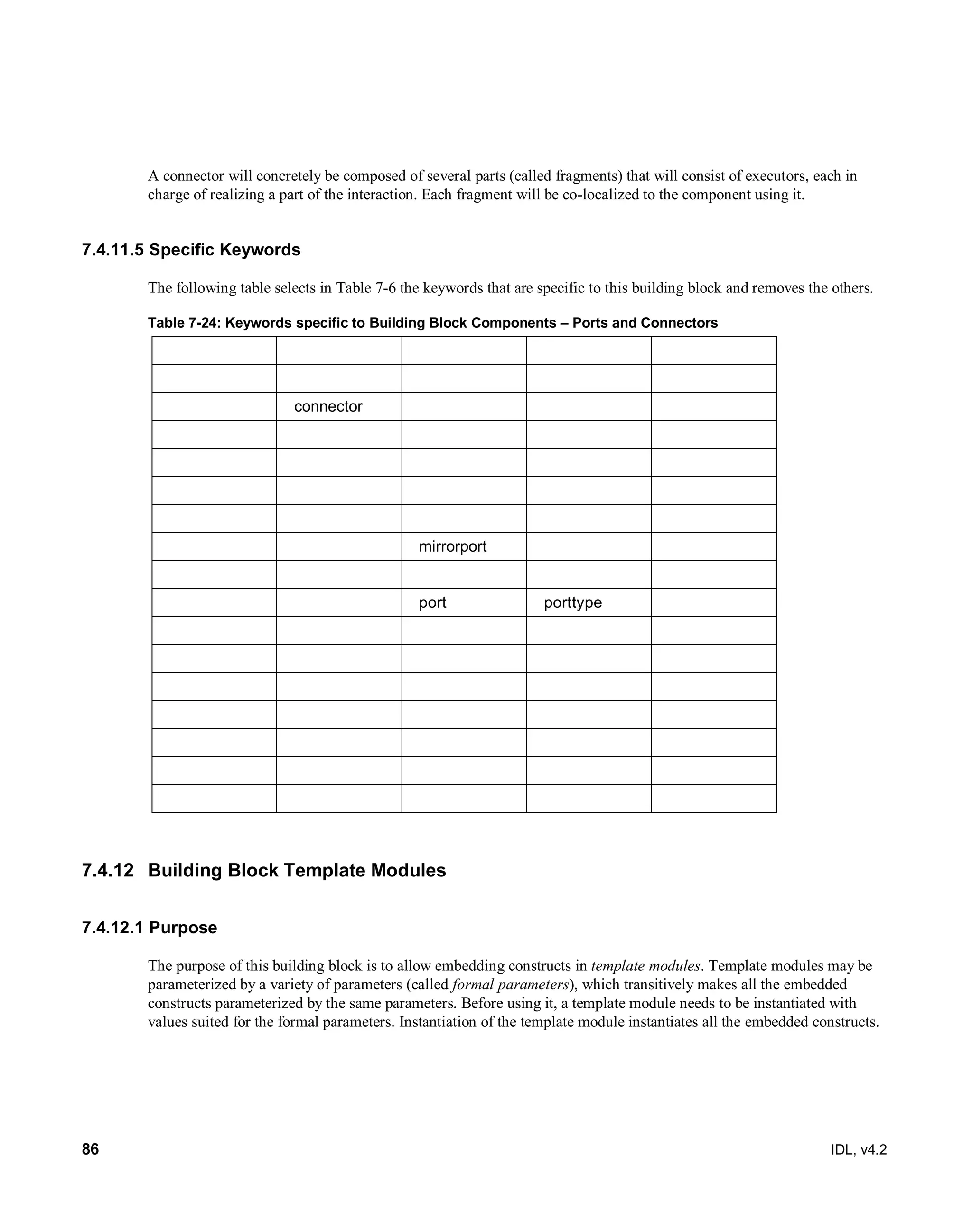 86 IDL, v4.2
A connector will concretely be composed of several parts (called fragments) that will consist of executors, each in
charge of realizing a part of the interaction. Each fragment will be co-localized to the component using it.
7.4.11.5 Specific Keywords
The following table selects in Table 7-6 the keywords that are specific to this building block and removes the others.
Table 7-24: Keywords specific to Building Block Components – Ports and Connectors
connector
mirrorport
port porttype
7.4.12 Building Block Template Modules
7.4.12.1 Purpose
The purpose of this building block is to allow embedding constructs in template modules. Template modules may be
parameterized by a variety of parameters (called formal parameters), which transitively makes all the embedded
constructs parameterized by the same parameters. Before using it, a template module needs to be instantiated with
values suited for the formal parameters. Instantiation of the template module instantiates all the embedded constructs.
 